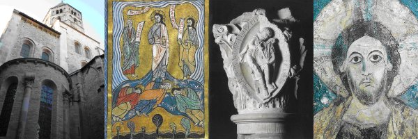 Images from Cluny (l-r): great transept south arm; Peter the Venerable’s interpretation of the transfiguration; one of the capitals of the four primary tones; romanesque wall painting at Berzé-la-Ville